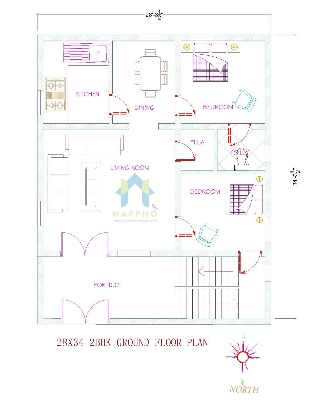 28X34 North Facing Modern House 2 BHK Plan 094 Happho