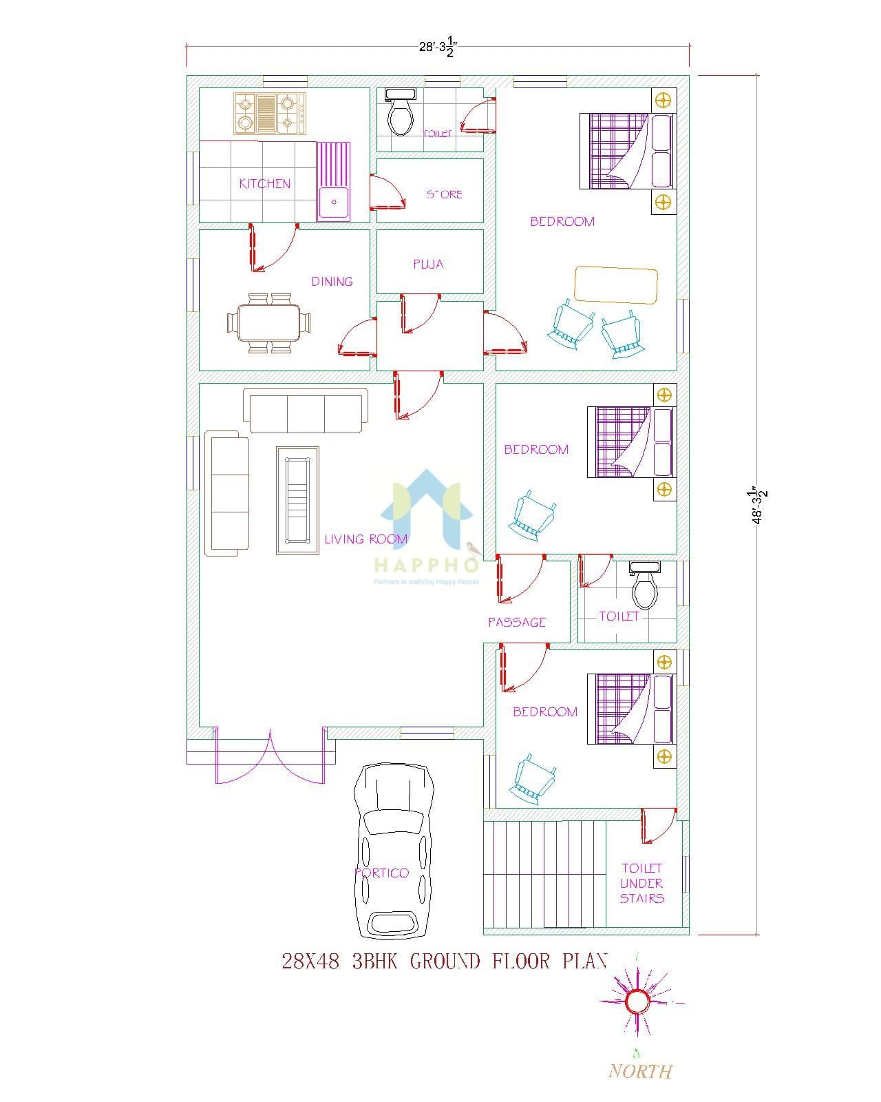 28X48 North Facing Modern House 3 BHK Plan 093 Happho