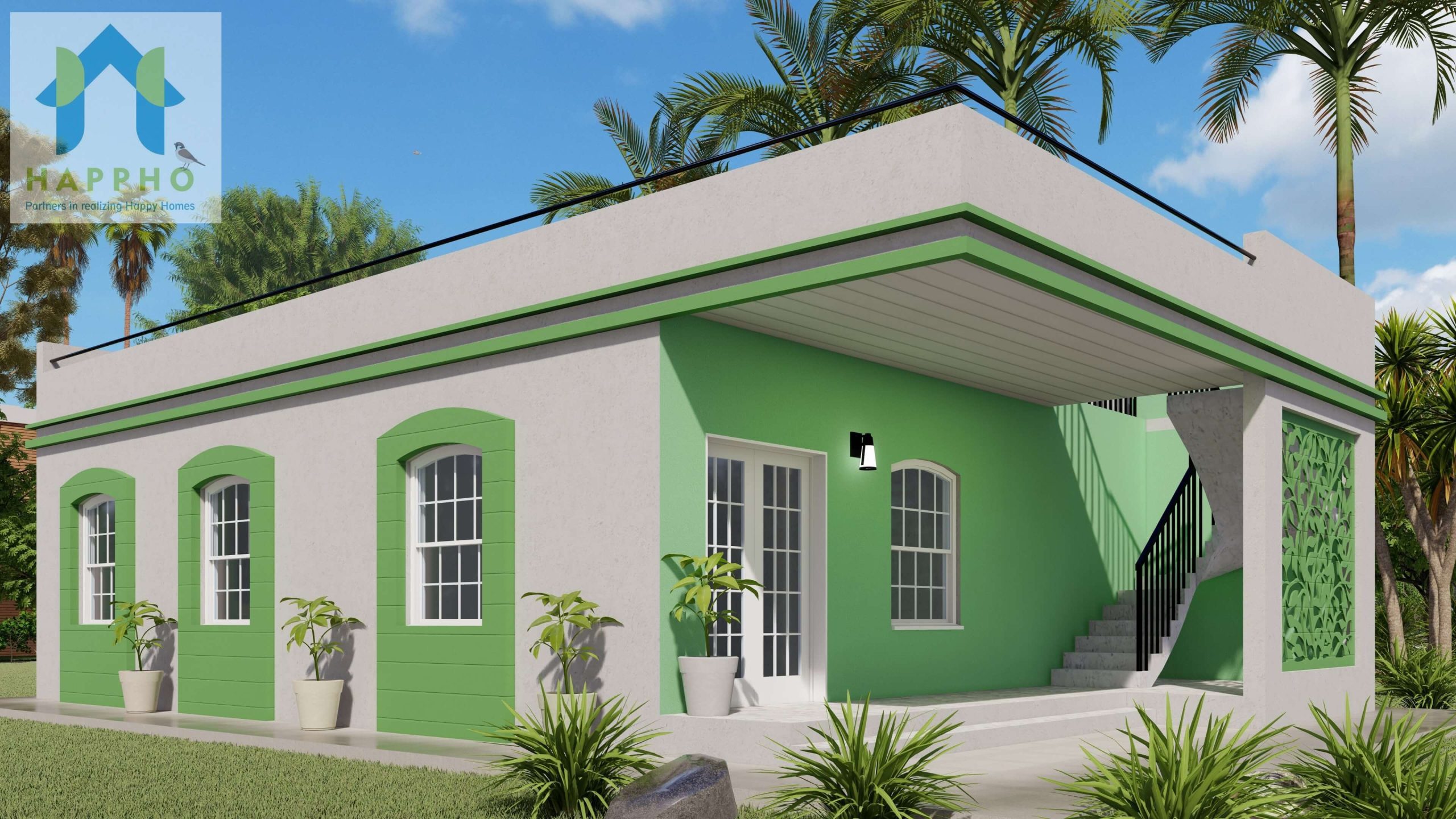 3d design of 3 bedroom house plan in green color