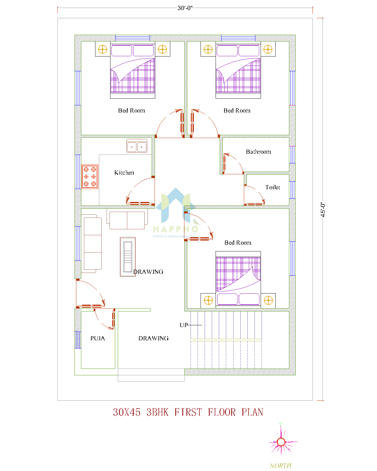 30 X45 North Facing House Plan Is Given In This Autocad Drawing File ...