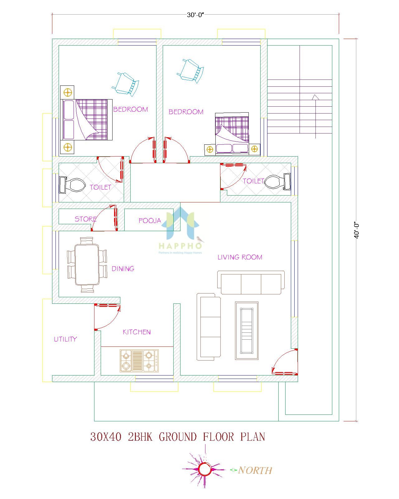 30×40 House Plan East Facing 2bhk With Car Parking And Porch Houseplan ...