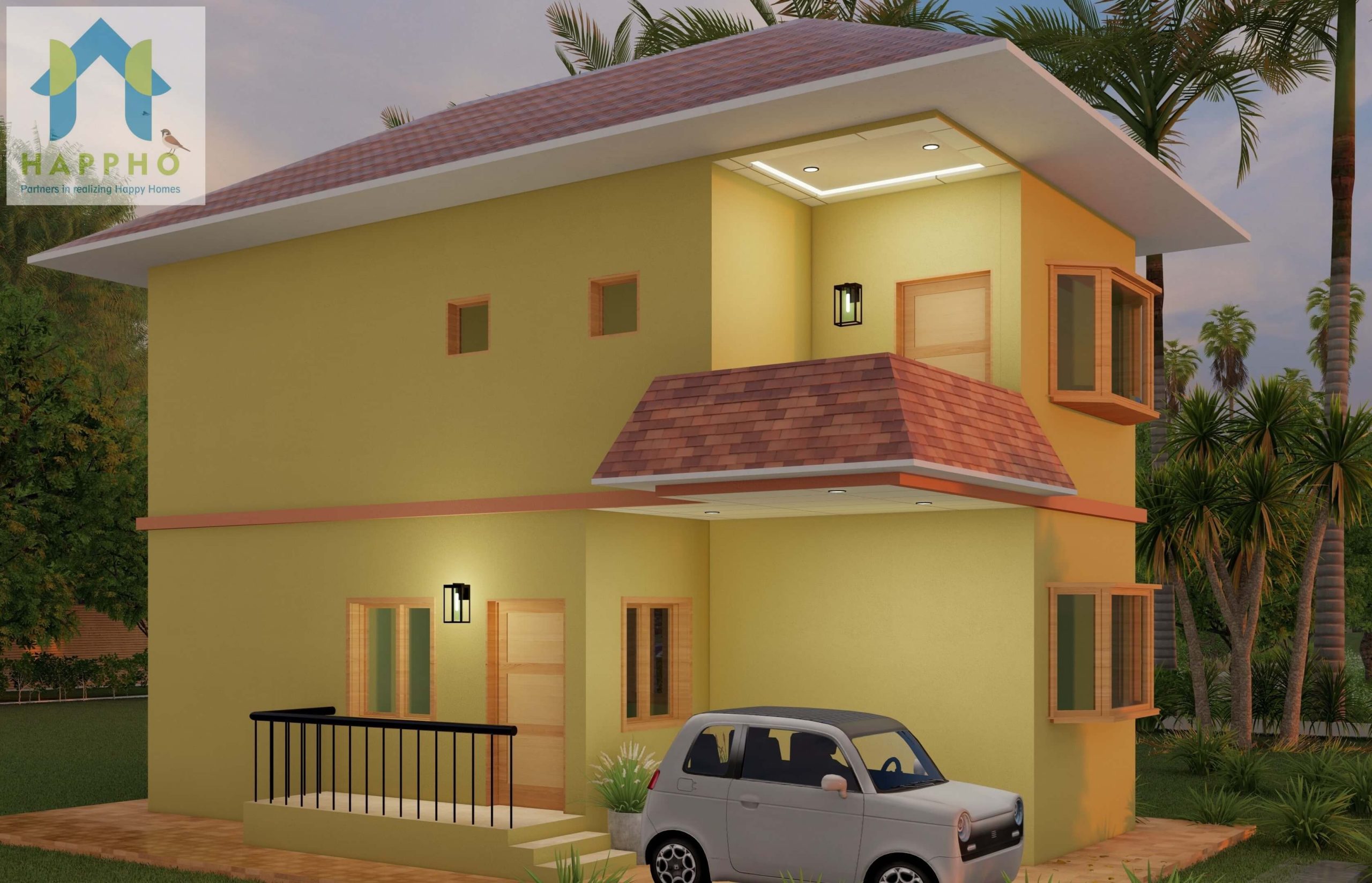 3d elevation house plan for 3 bhk house in yellow color