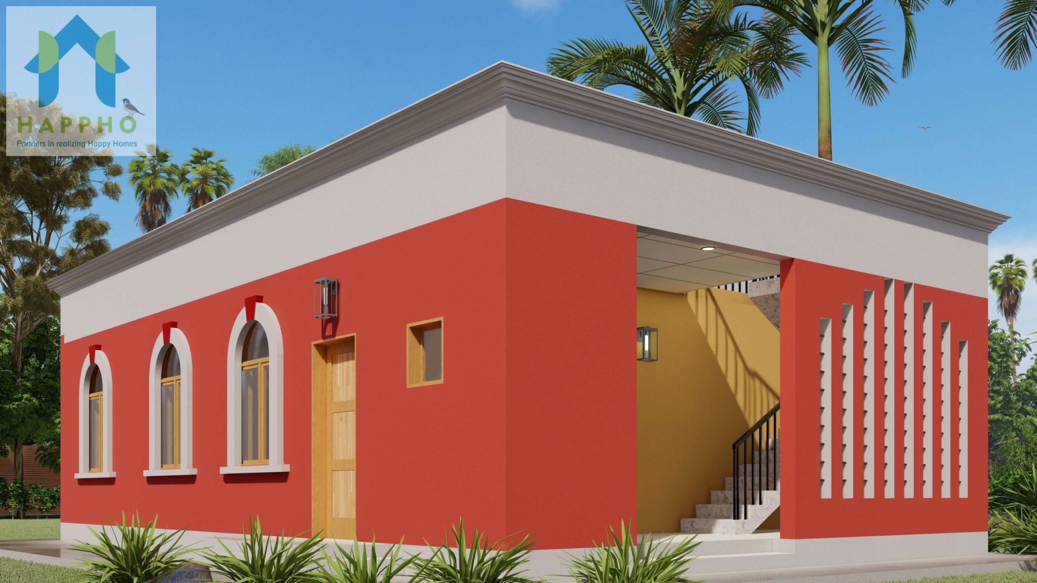 3d elevation house design for 3 bedroom house in red color
