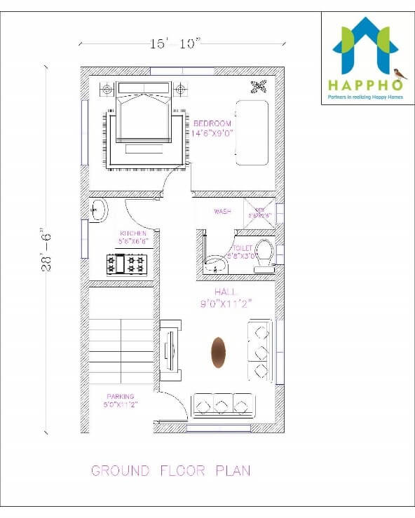 15x24 modern house 2 bhk house plan