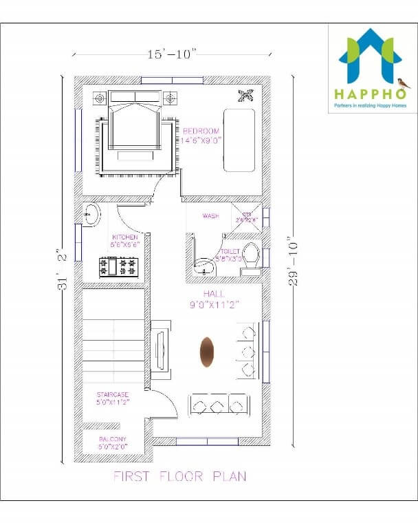 15x24 modern house 2 bhk house plan