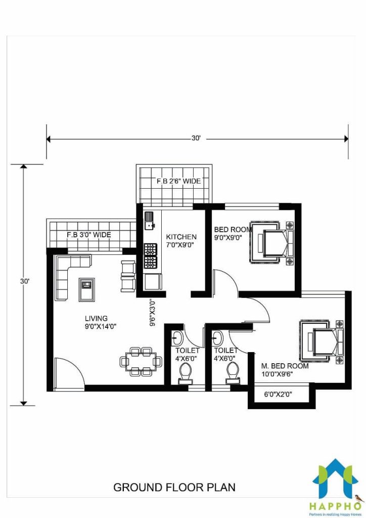 30x30 modern house ground floor plan