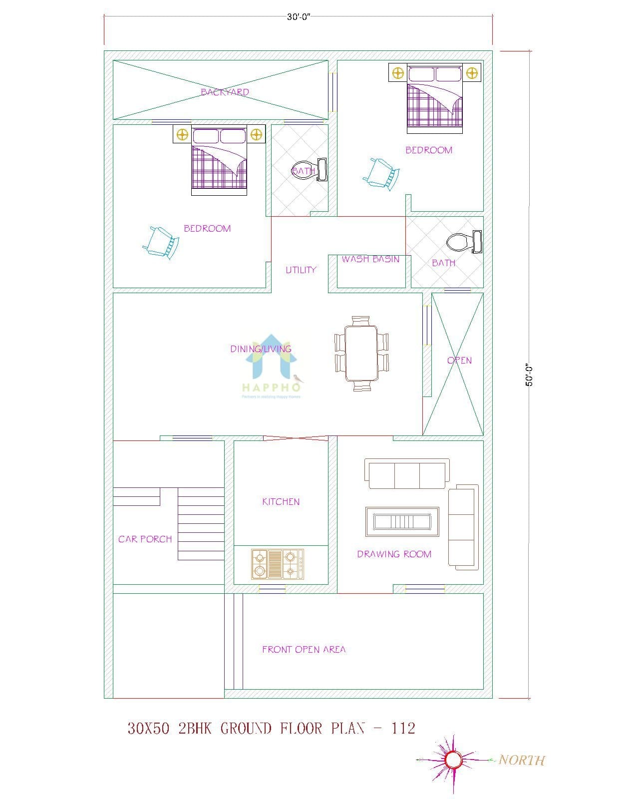 30X50 East Facing Plot 2 BHK House Plan 112 Happho