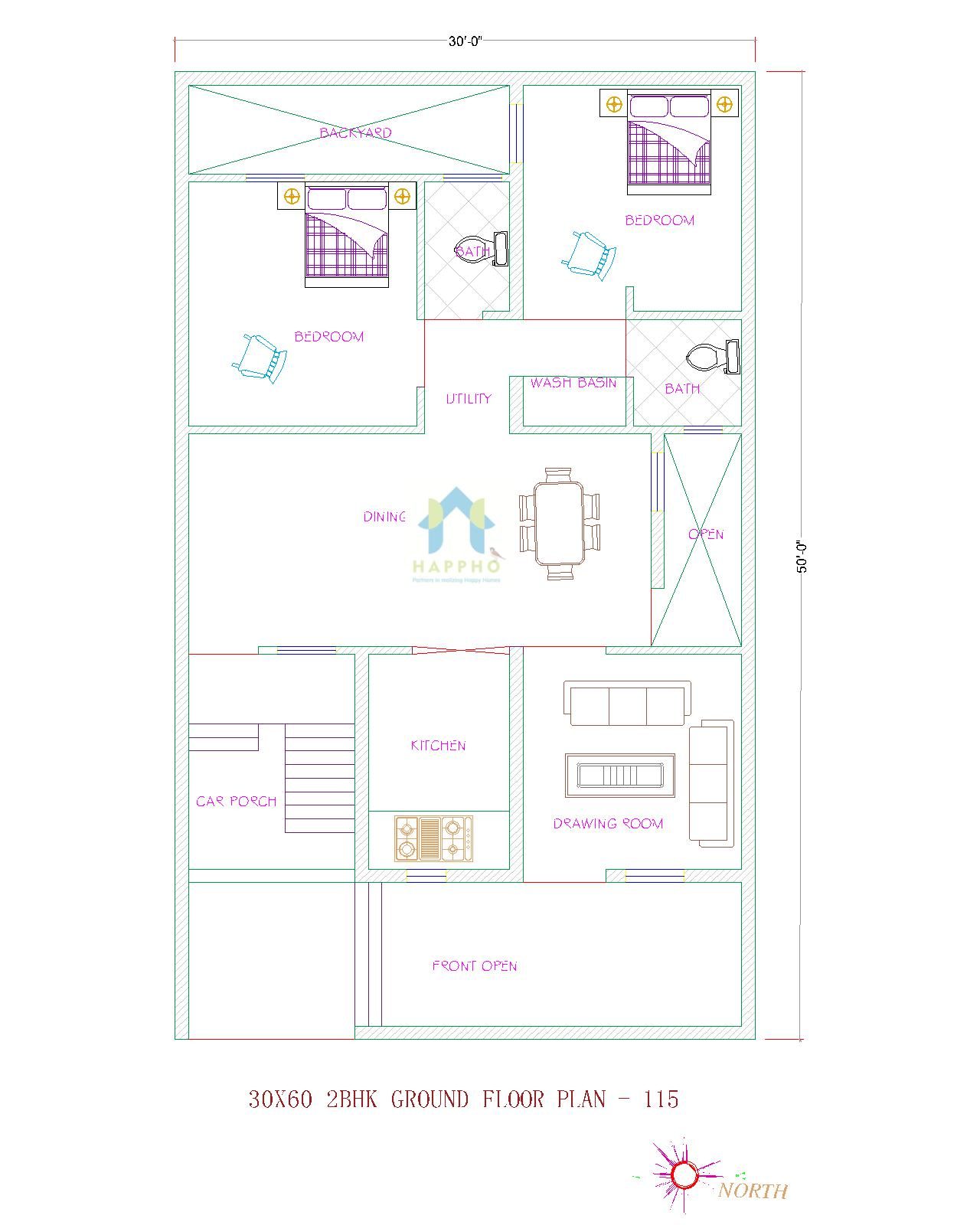 30X57 North Facing Plot 2 BHK House Plan 115 Happho