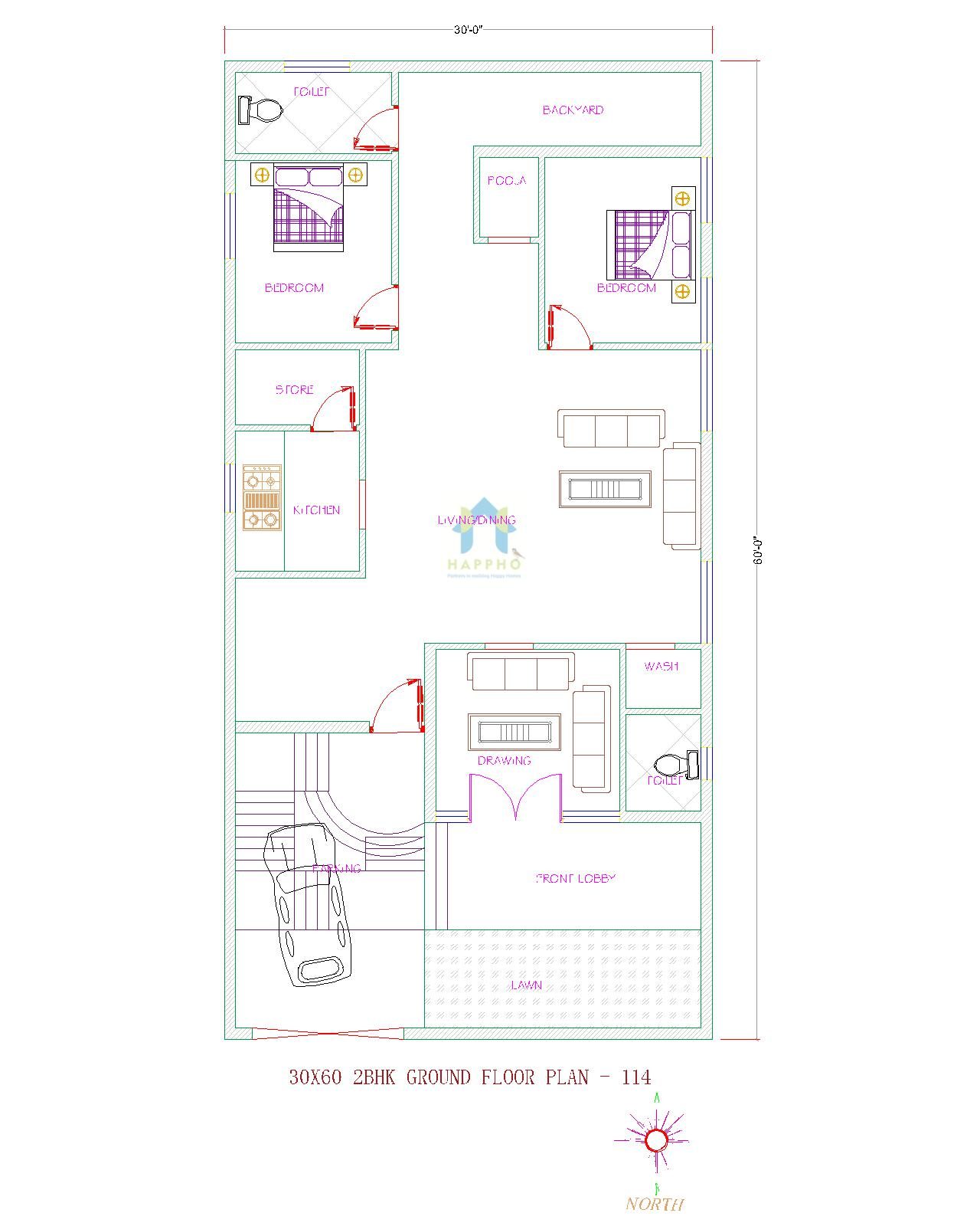 30 X 60 House Plan 30X60 North Facing Plot 2 BHK House Plan-114 - Happho