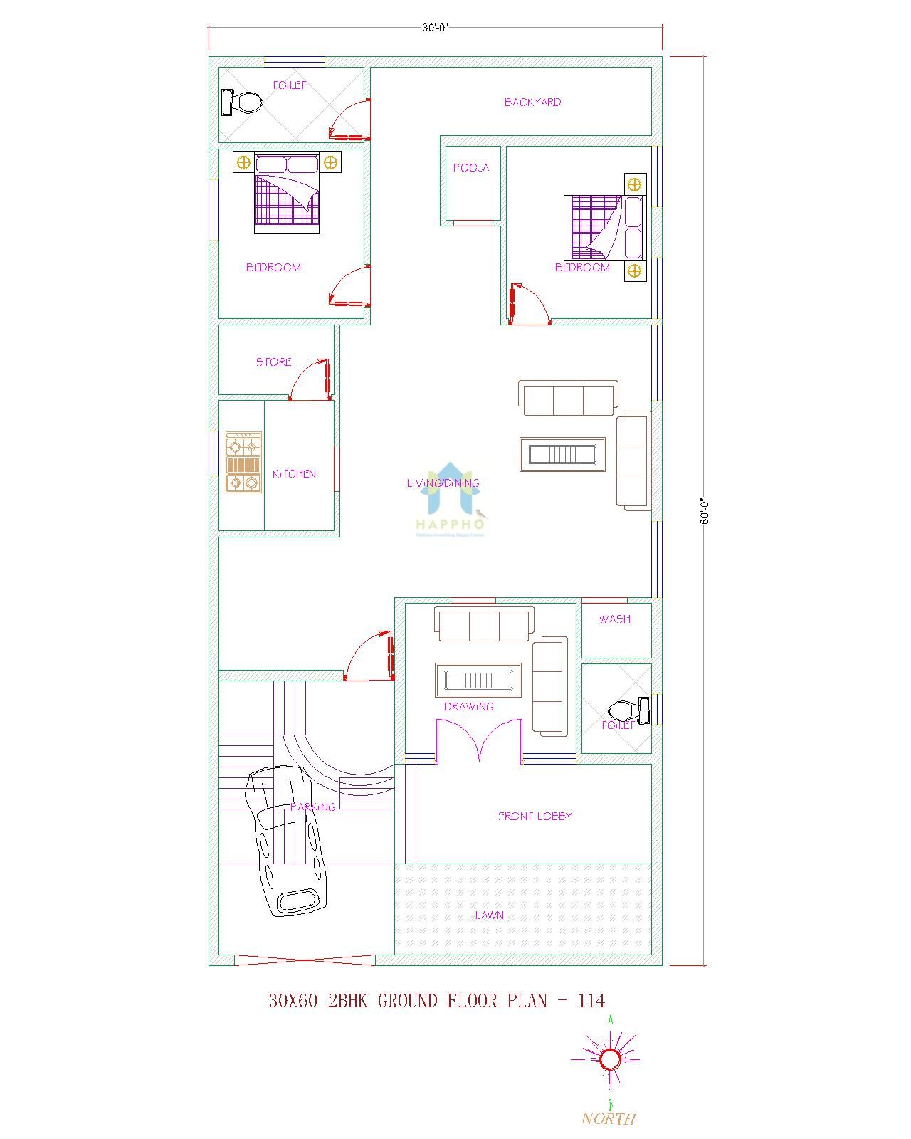 20 x 30 north face 3 bedroom house plan with real construction and