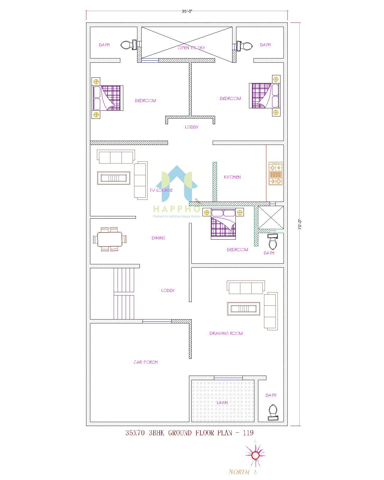 35X70 North Facing Plot 3 BHK House Plan-119 - Happho