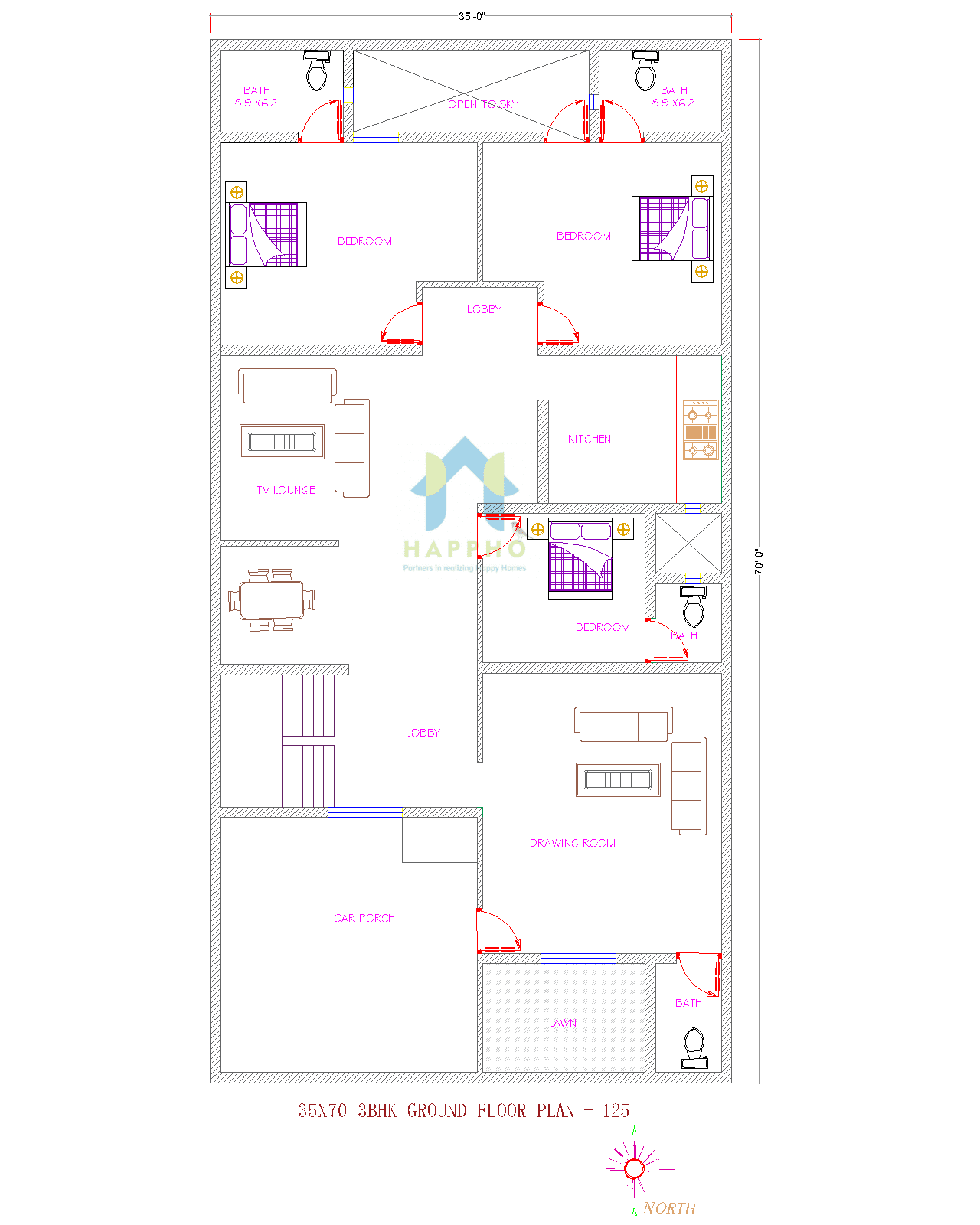 35X70 East Facing House Floor Plan || 3 BHK Plan-125 - Happho